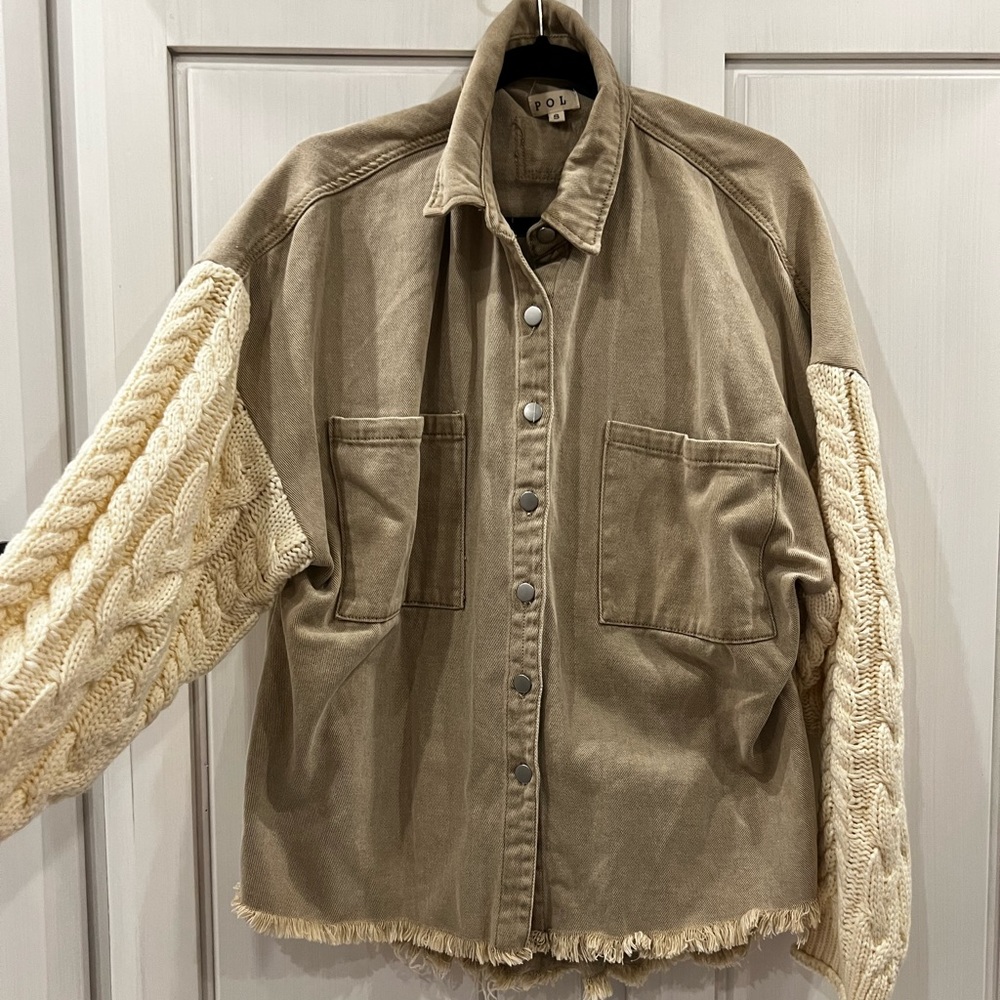 POL S Like brand new. Shacket soft jean and sweater sleeves, frayed bottom